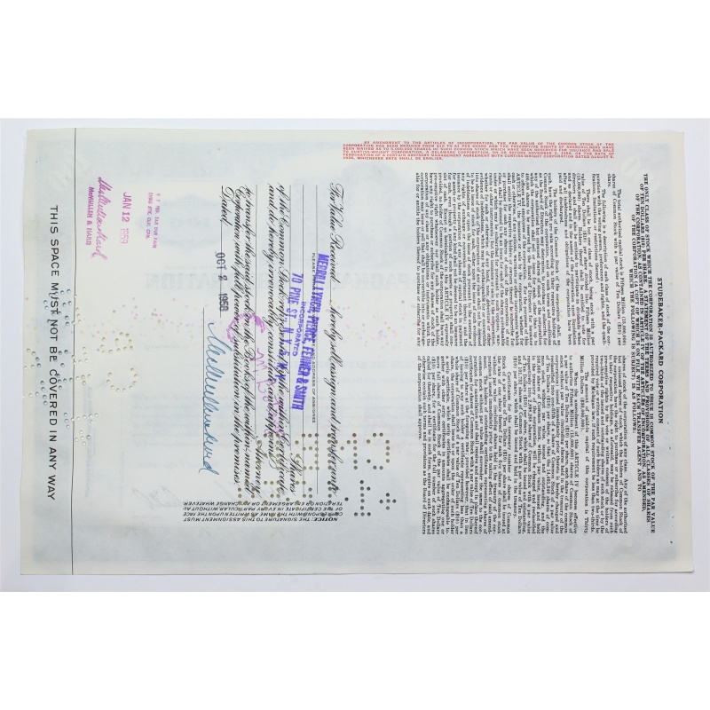 1958 Studebaker-Packard Corporation Stock Certificate - Y163353 - 100 Shares