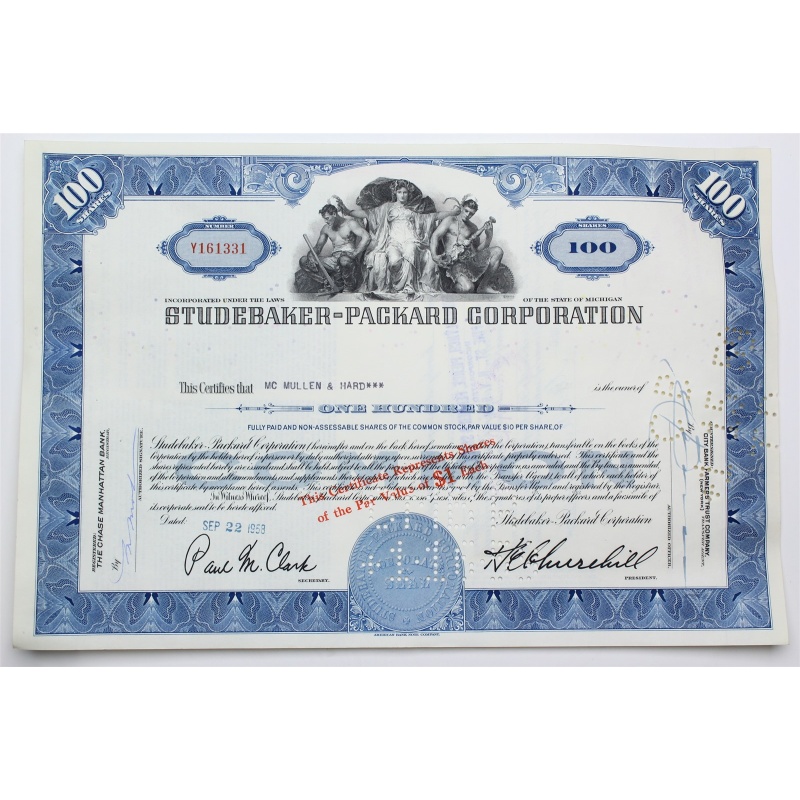 1958 Studebaker-Packard Corporation Stock Certificate - Y161331 - 100 Shares