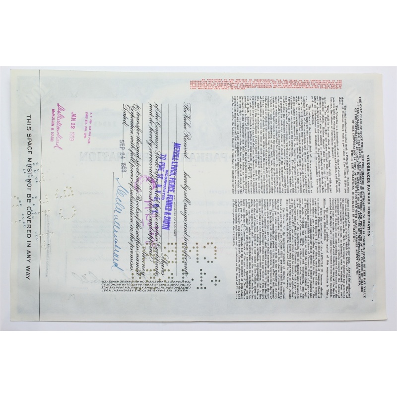 1958 Studebaker-Packard Corporation Stock Certificate - Y161331 - 100 Shares