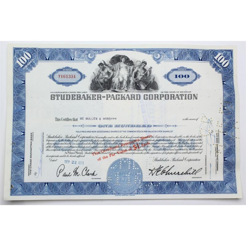 1958 Studebaker-Packard Corporation Stock Certificate - Y161334 - 100 Shares