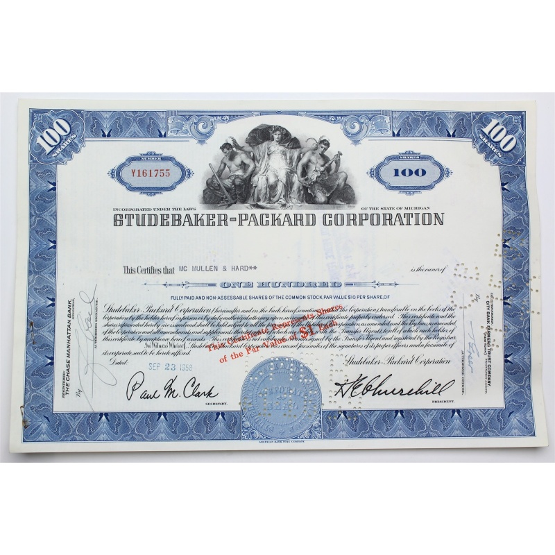 1958 Studebaker-Packard Corporation Stock Certificate - Y161755 - 100 Shares