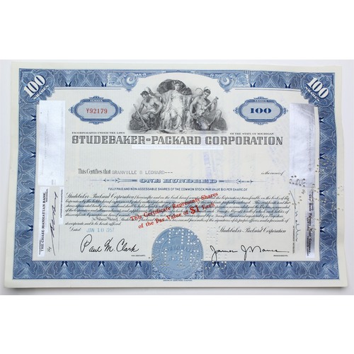 1957 Studebaker-Packard Corporation Stock Certificate - Y92179 - 100 Shares