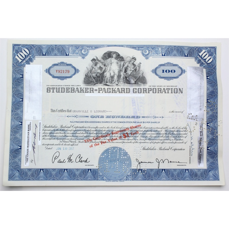 1957 Studebaker-Packard Corporation Stock Certificate - Y92179 - 100 Shares