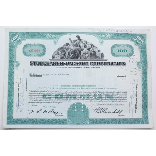 1958 Studebaker-Packard Corporation Stock Certificate - Y201094 - 100 Shares