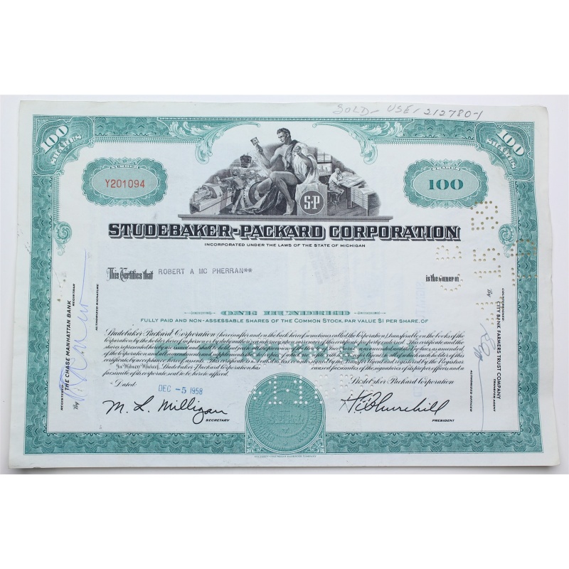 1958 Studebaker-Packard Corporation Stock Certificate - Y201094 - 100 Shares