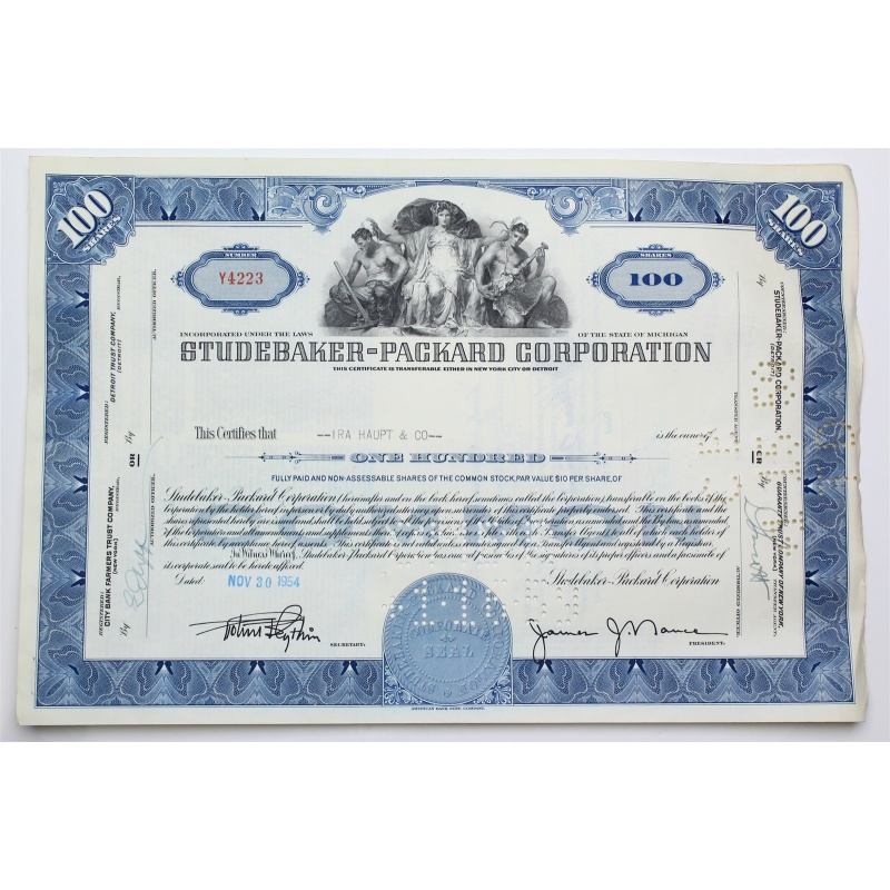 1954 Studebaker-Packard Corporation Stock Certificate - Y4223 - 100 Shares