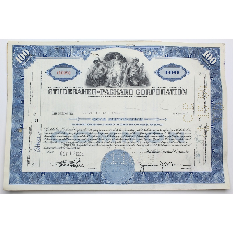 1954 Studebaker-Packard Corporation Stock Certificate - Y10280 - 100 Shares