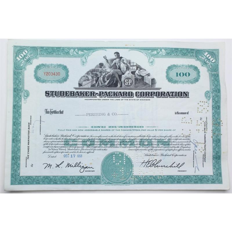 1958 Studebaker-Packard Corporation Stock Certificate - Y203430 - 100 Shares