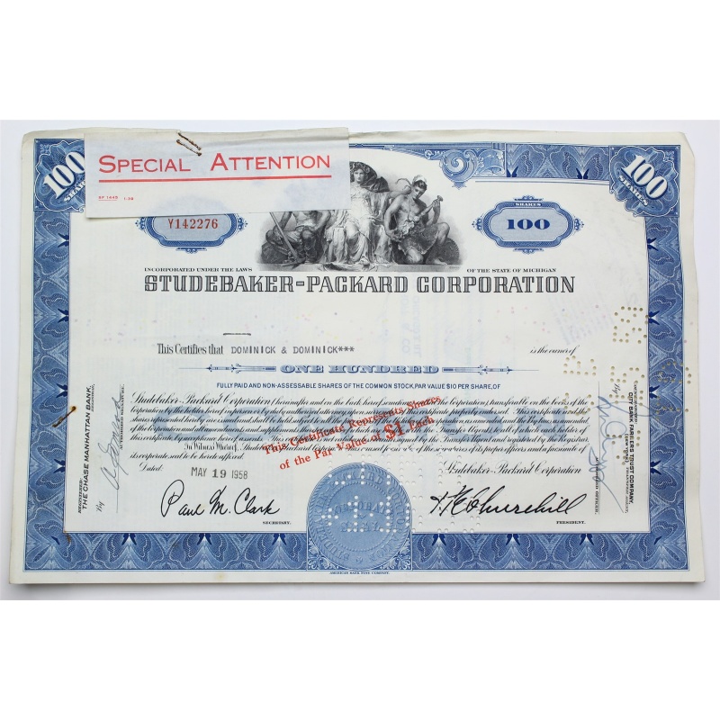 1958 Studebaker-Packard Corporation Stock Certificate - Y142276 - 100 Shares