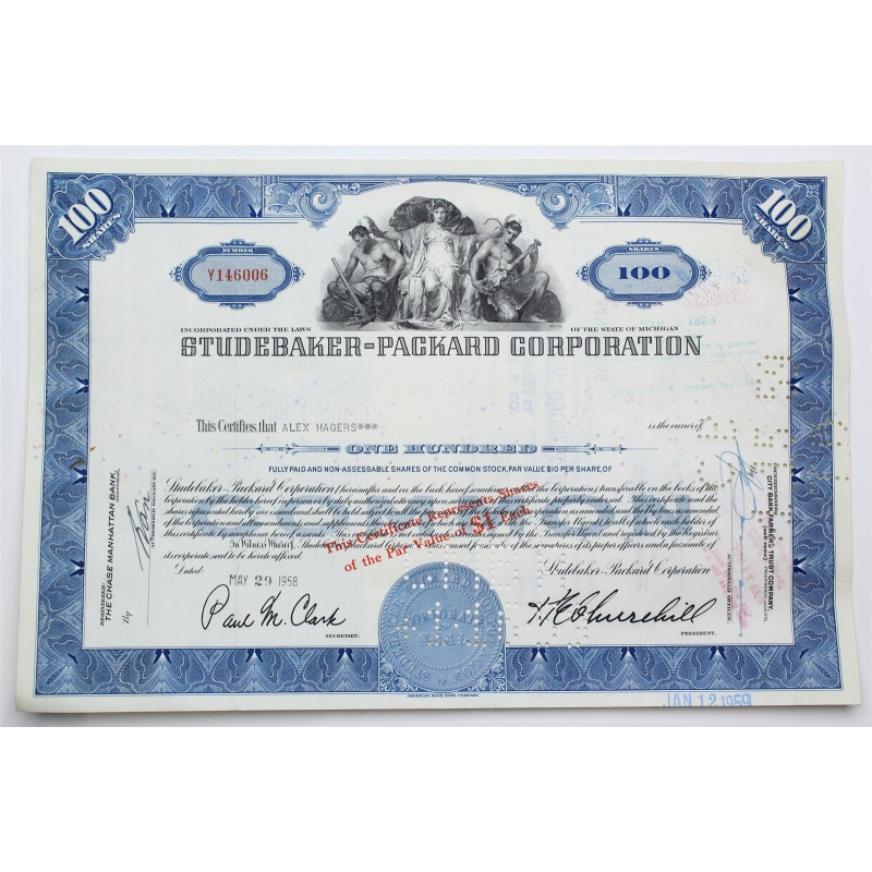 1958 Studebaker-Packard Corporation Stock Certificate - Y146006 - 100 Shares