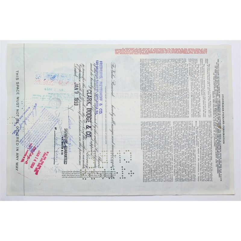 1958 Studebaker-Packard Corporation Stock Certificate - Y146006 - 100 Shares