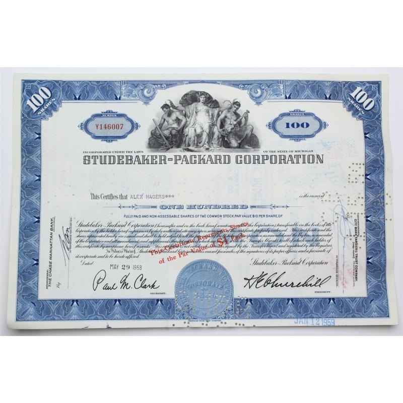 1958 Studebaker-Packard Corporation Stock Certificate - Y146007 - 100 Shares