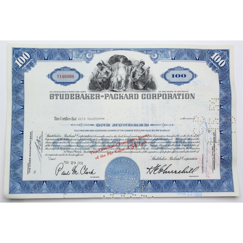 1958 Studebaker-Packard Corporation Stock Certificate - Y146008 - 100 Shares