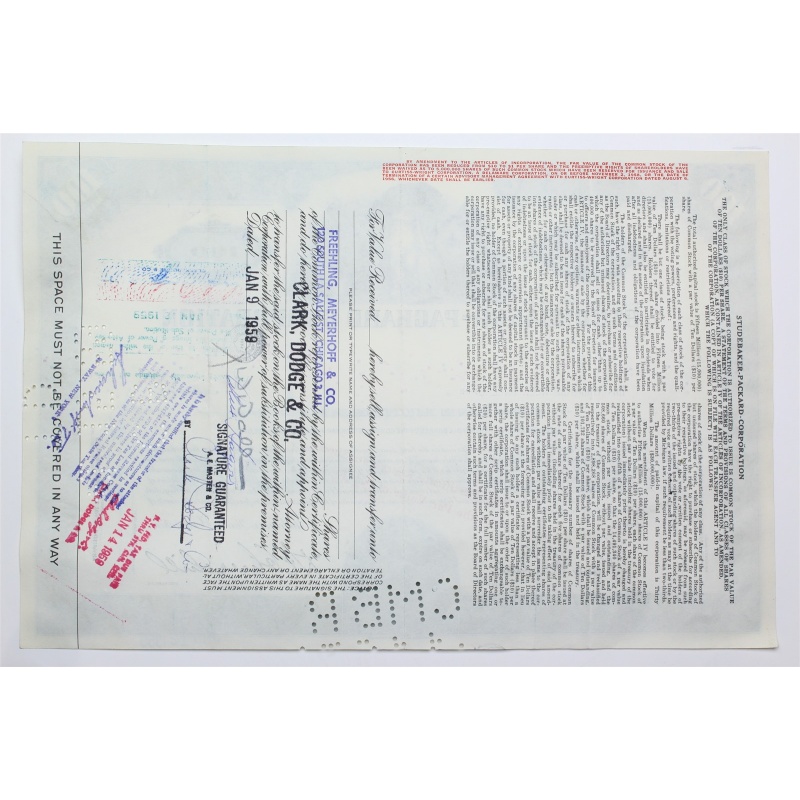 1958 Studebaker-Packard Corporation Stock Certificate - Y146008 - 100 Shares