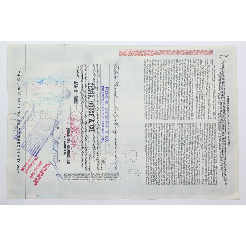 1958 Studebaker-Packard Corporation Stock Certificate - Y153914 - 100 Shares