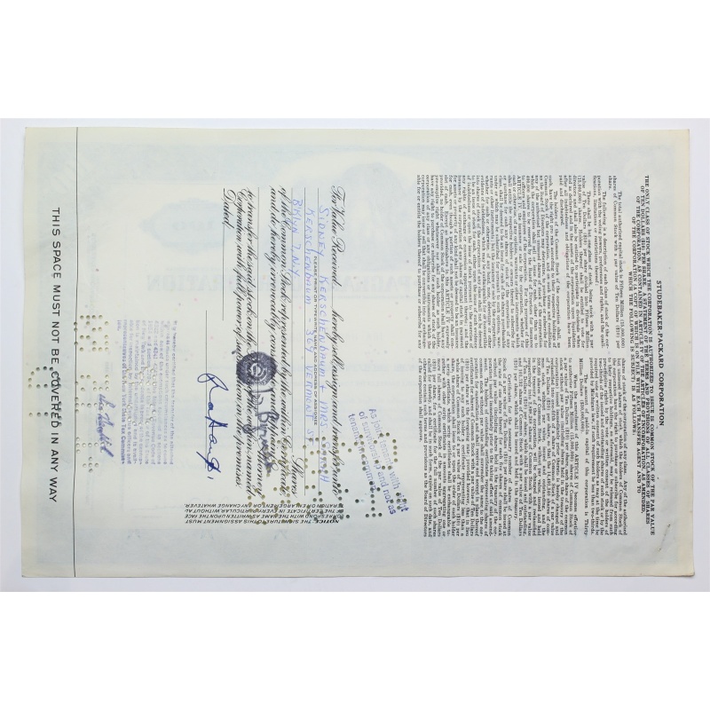 1954 Studebaker-Packard Corporation Stock Certificate - Y23256 - 100 Shares