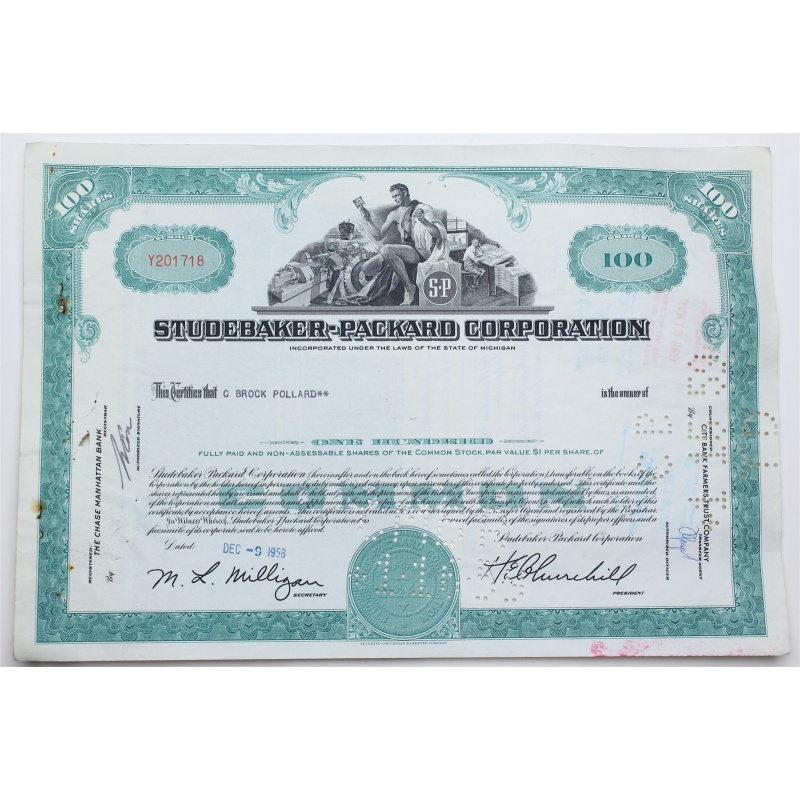 1958 Studebaker-Packard Corporation Stock Certificate - Y201718 - 100 Shares