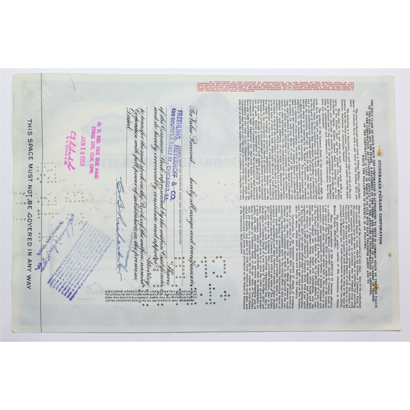 1958 Studebaker-Packard Corporation Stock Certificate - Y143662 - 100 Shares