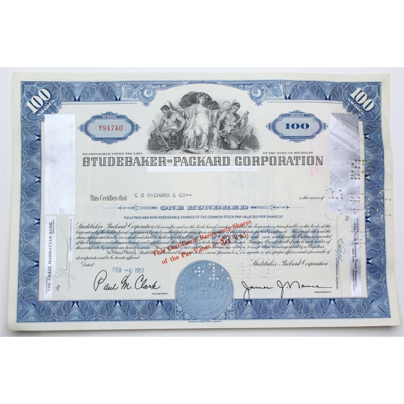 1957 Studebaker-Packard Corporation Stock Certificate - Y94740 - 100 Shares
