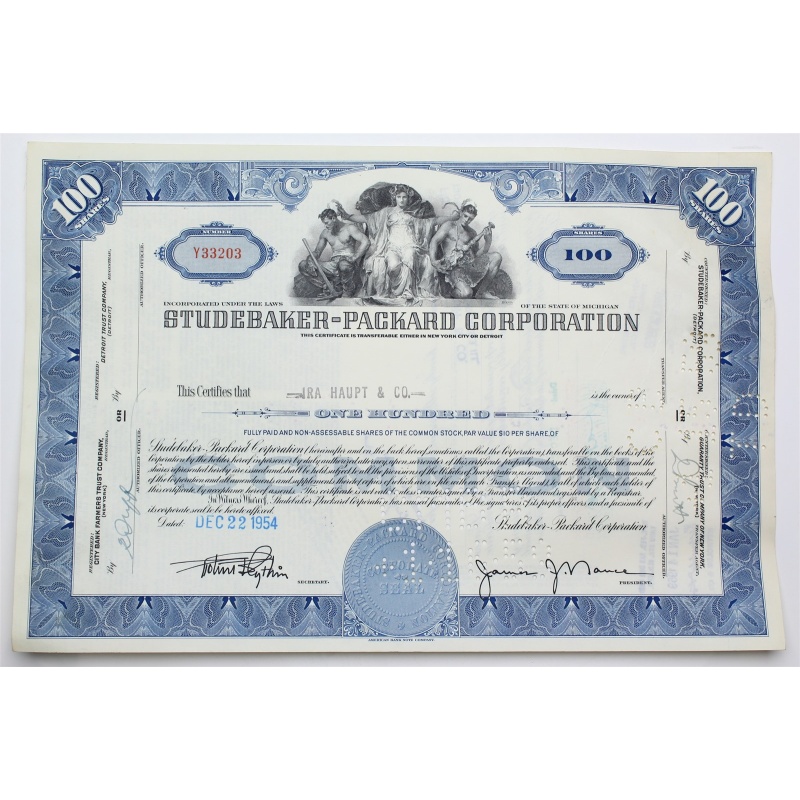 1954 Studebaker-Packard Corporation Stock Certificate - Y33203 - 100 Shares