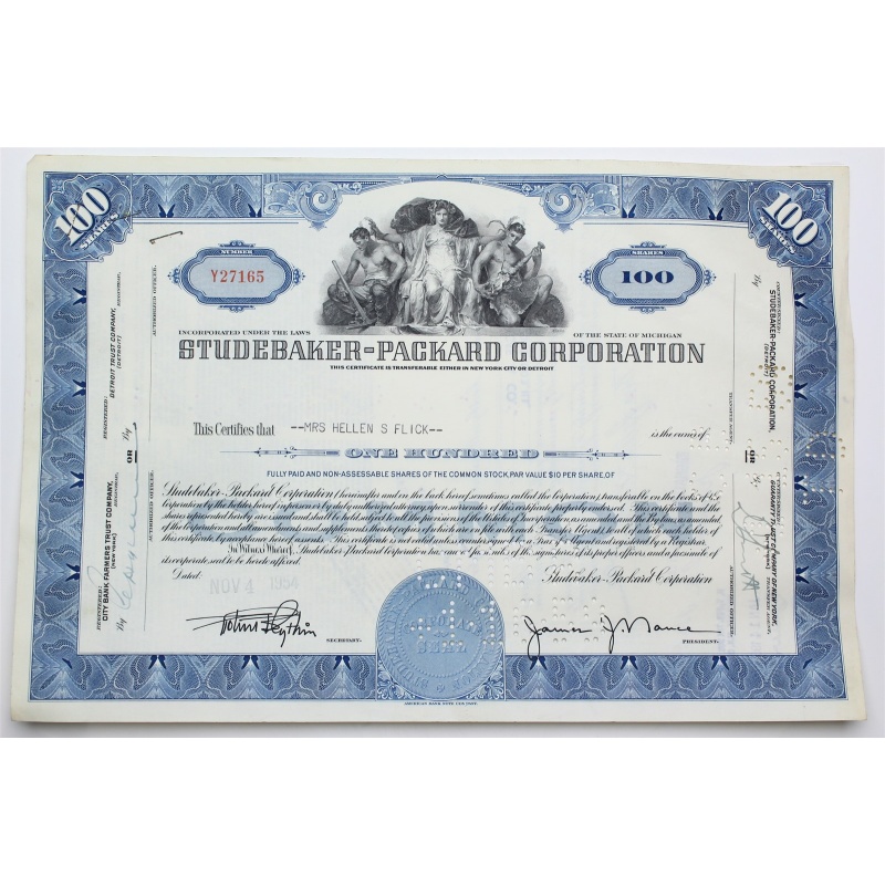 1954 Studebaker-Packard Corporation Stock Certificate - Y27165 - 100 Shares
