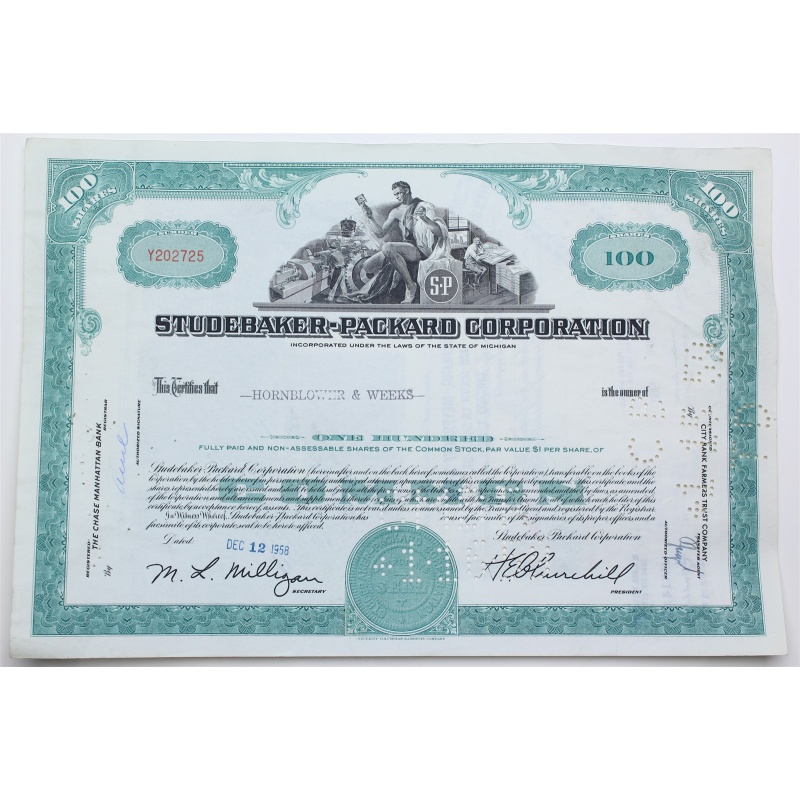 1958 Studebaker-Packard Corporation Stock Certificate - Y202725 - 100 Shares