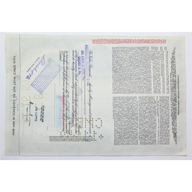 1958 Studebaker-Packard Corporation Stock Certificate - Y142226 - 100 Shares