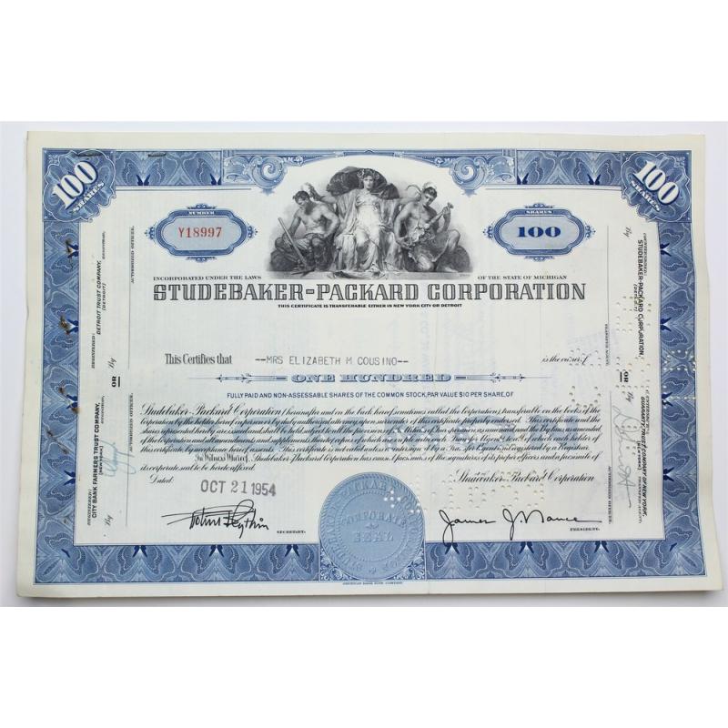 1954 Studebaker-Packard Corporation Stock Certificate - Y18997 - 100 Shares