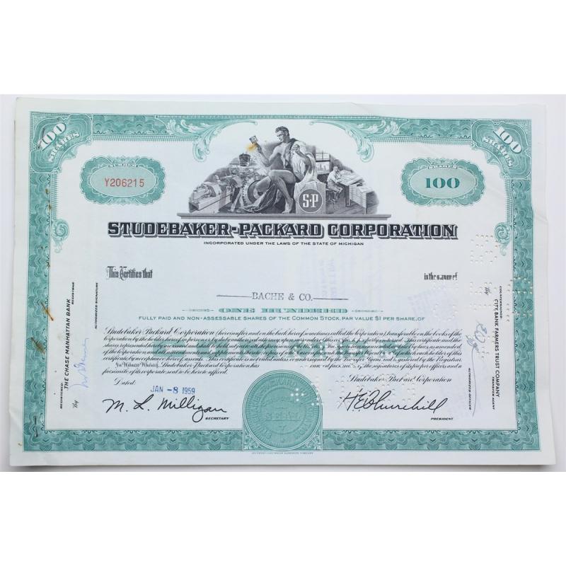 1959 Studebaker-Packard Corporation Stock Certificate - Y206215 - 100 Shares