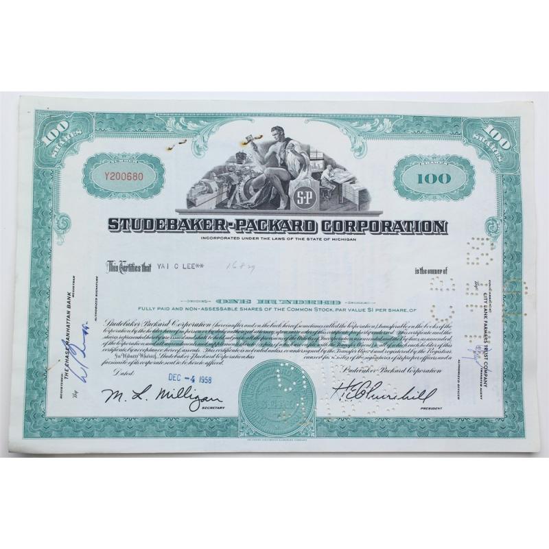 1958 Studebaker-Packard Corporation Stock Certificate - Y200680 - 100 Shares