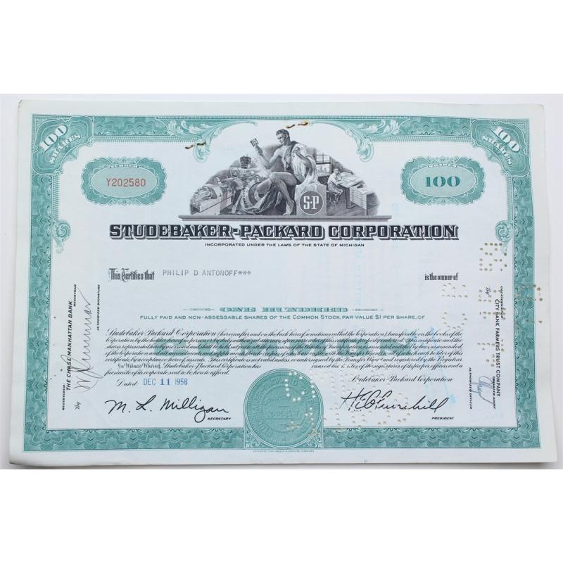 1958 Studebaker-Packard Corporation Stock Certificate - Y202580 - 100 Shares