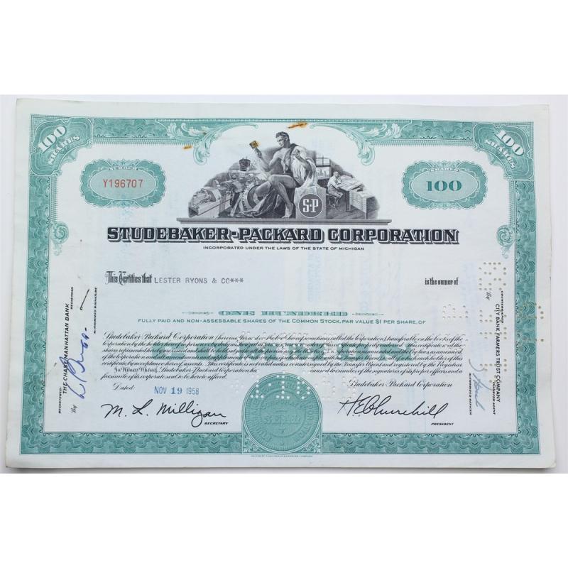 1958 Studebaker-Packard Corporation Stock Certificate - Y196707 - 100 Shares