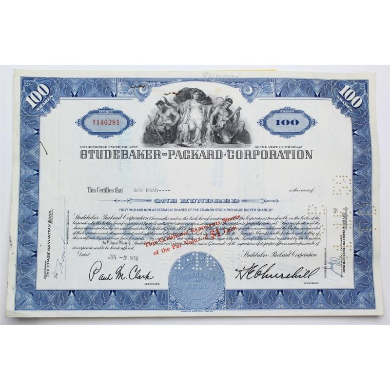 1958 Studebaker-Packard Corporation Stock Certificate - Y146281 - 100 Shares