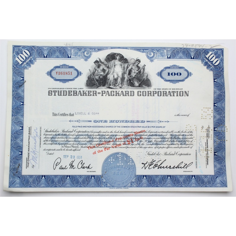1958 Studebaker-Packard Corporation Stock Certificate - Y161851 - 100 Shares