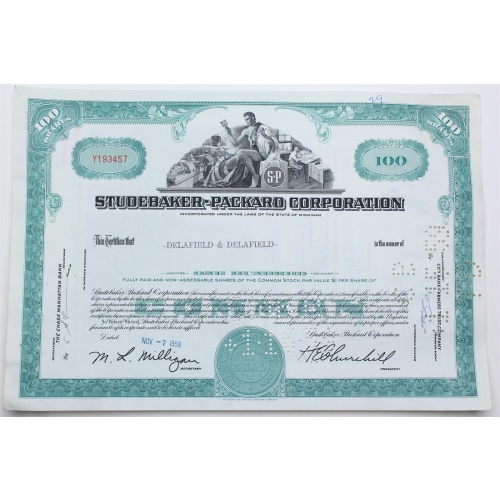 1958 Studebaker-Packard Corporation Stock Certificate - Y193457 - 100 Shares