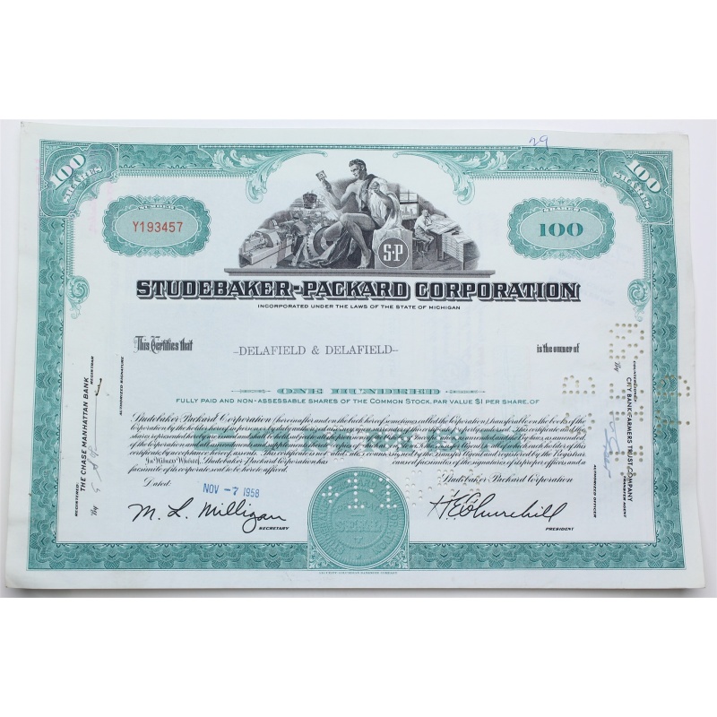 1958 Studebaker-Packard Corporation Stock Certificate - Y193457 - 100 Shares