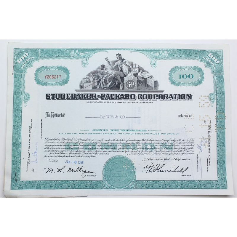 1959 Studebaker-Packard Corporation Stock Certificate - Y206217 - 100 Shares