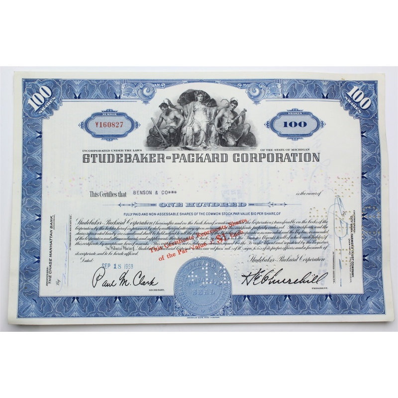 1958 Studebaker-Packard Corporation Stock Certificate - Y160827 - 100 Shares