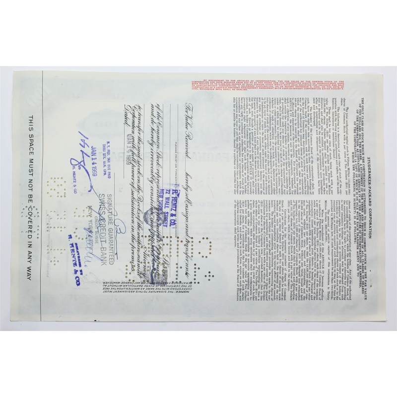 1958 Studebaker-Packard Corporation Stock Certificate - Y160827 - 100 Shares