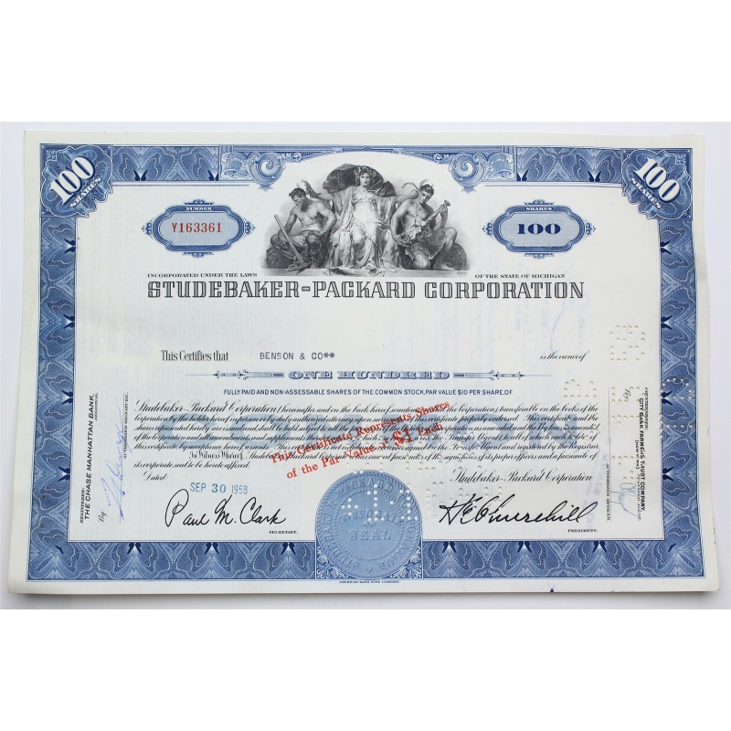 1958 Studebaker-Packard Corporation Stock Certificate - Y163361 - 100 Shares