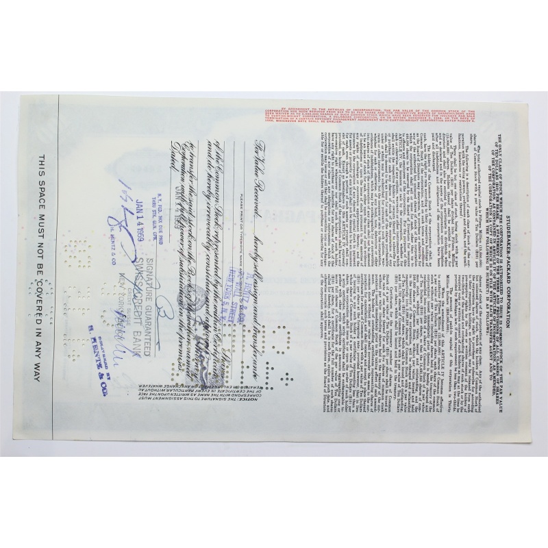 1958 Studebaker-Packard Corporation Stock Certificate - Y163361 - 100 Shares