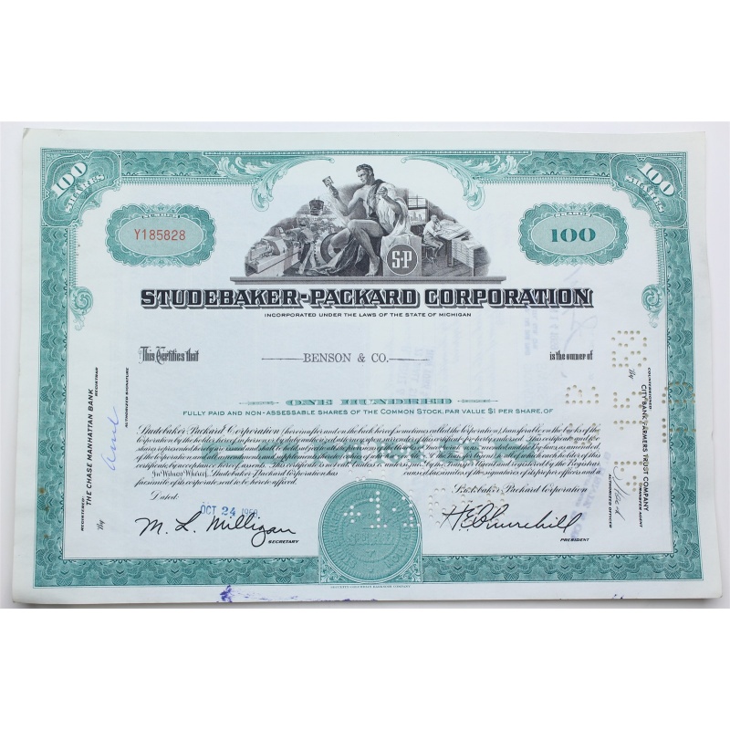 1958 Studebaker-Packard Corporation Stock Certificate - Y185828 - 100 Shares