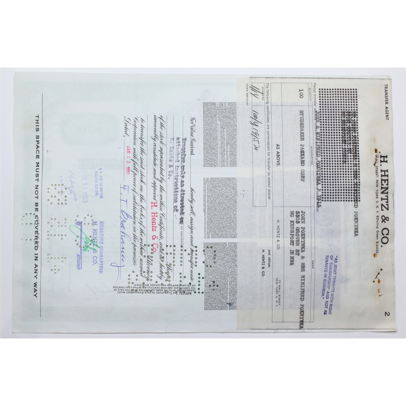 1958 Studebaker-Packard Corporation Stock Certificate - Y191570 - 100 Shares