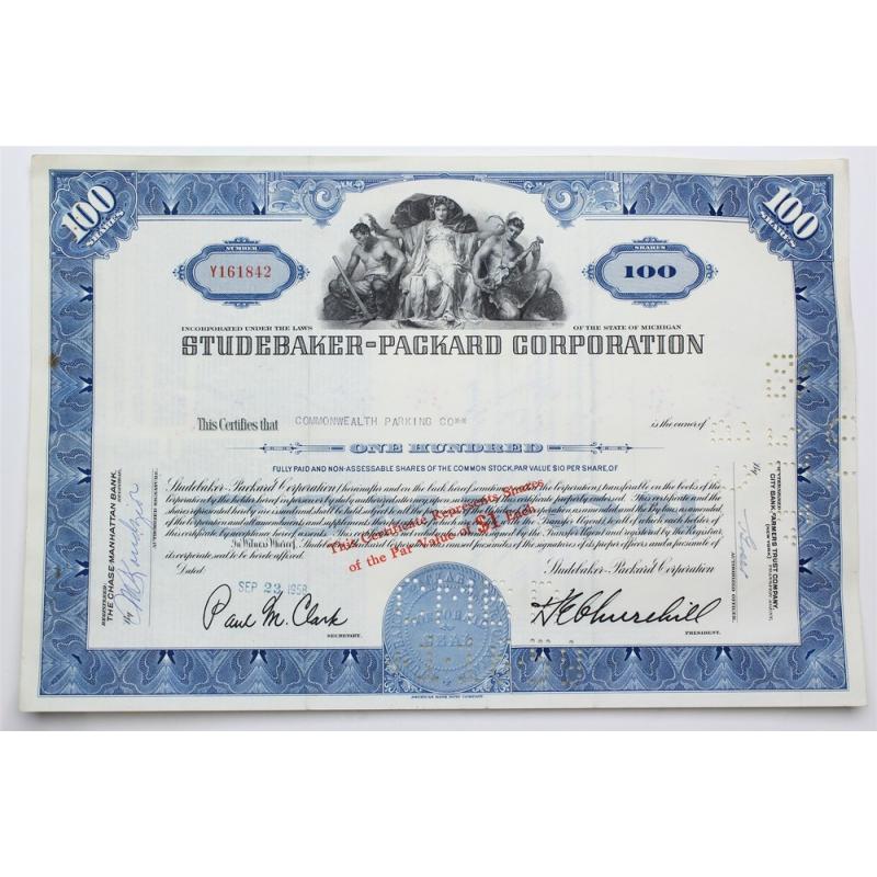 1958 Studebaker-Packard Corporation Stock Certificate - Y161842 - 100 Shares