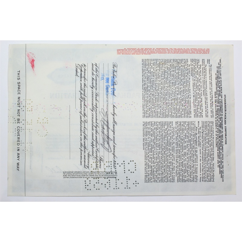 1958 Studebaker-Packard Corporation Stock Certificate - Y161844 - 100 Shares