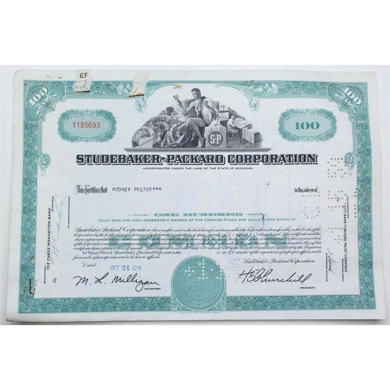 1958 Studebaker-Packard Corporation Stock Certificate - Y185693 - 100 Shares