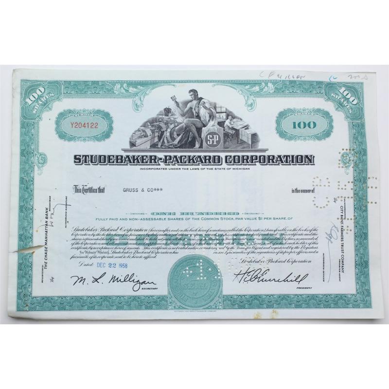 1958 Studebaker-Packard Corporation Stock Certificate - Y204122 - 100 Shares