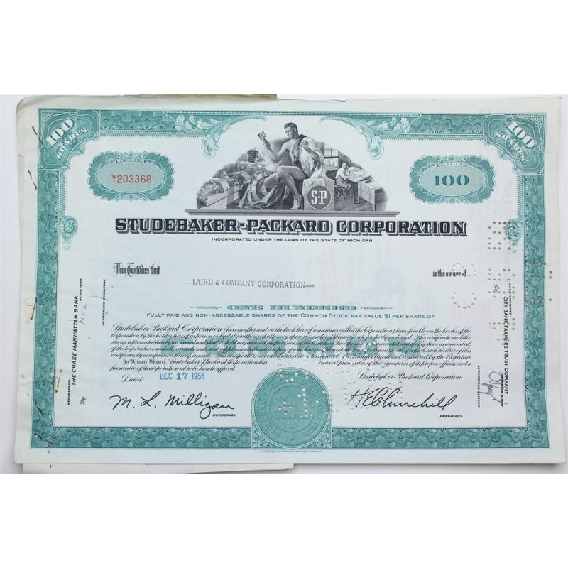 1958 Studebaker-Packard Corporation Stock Certificate - Y203368 - 100 Shares
