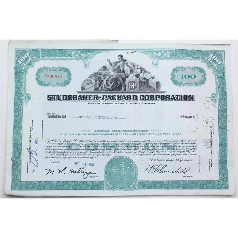 1958 Studebaker-Packard Corporation Stock Certificate - Y200675 - 100 Shares