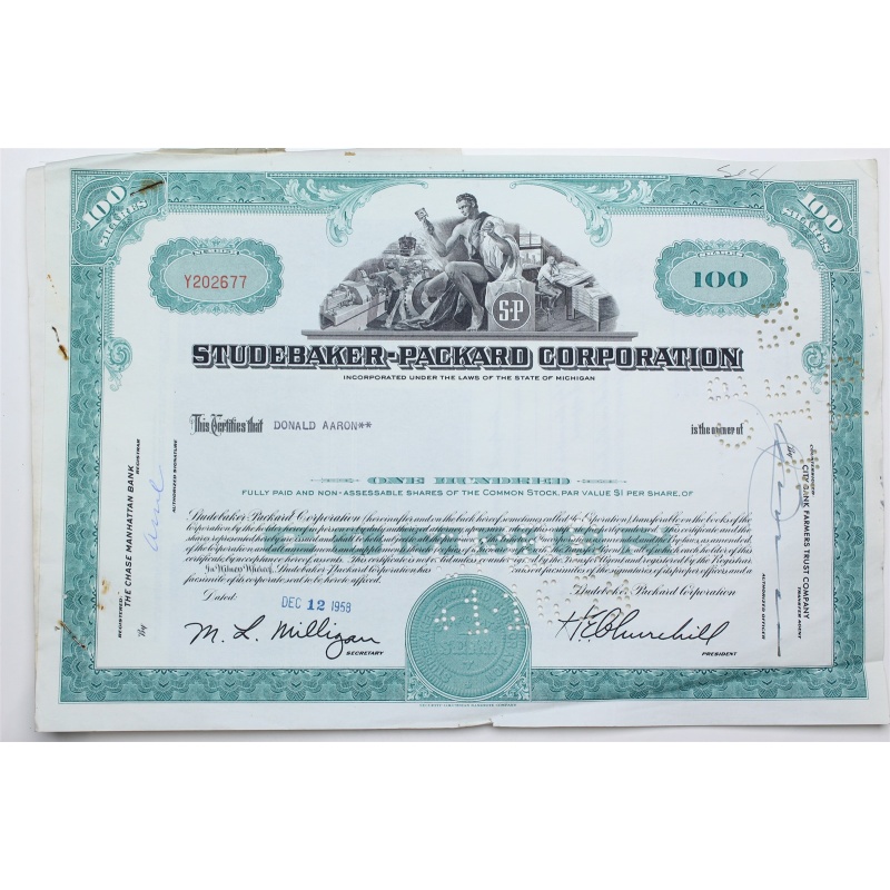1958 Studebaker-Packard Corporation Stock Certificate - Y202677 - 100 Shares